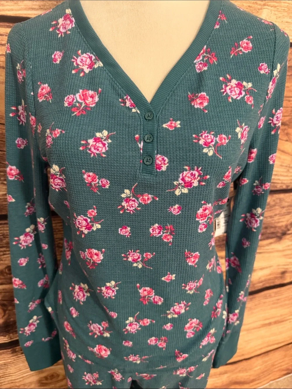 Sonoma Teal Floral Thermal Pajama Set with Pink Rose Print